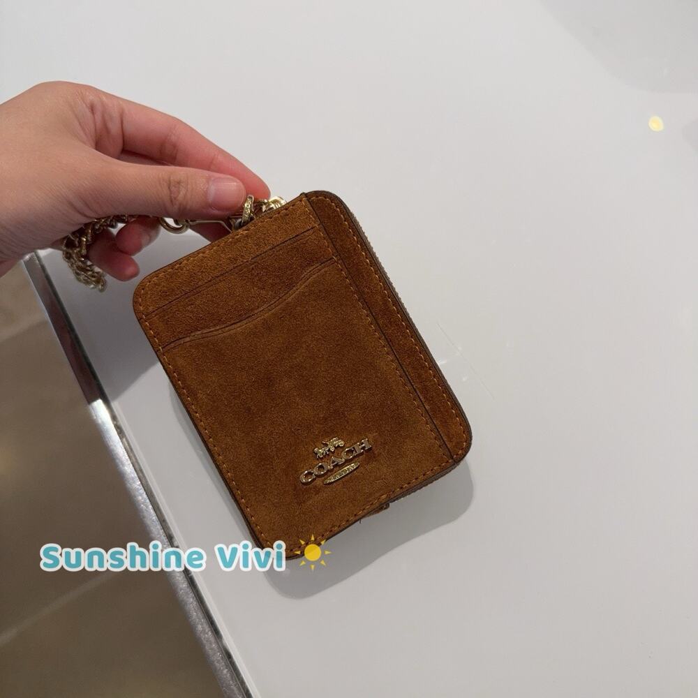 NWT Coach Zip Card Case CGG17 suede, Gold/Warm Brown